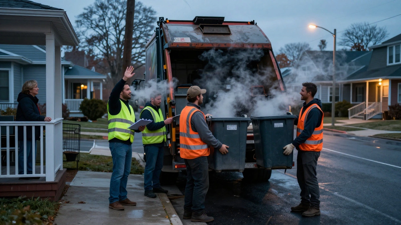 Waste collection team loading bins at dawn with a neighbor watching from a porch.