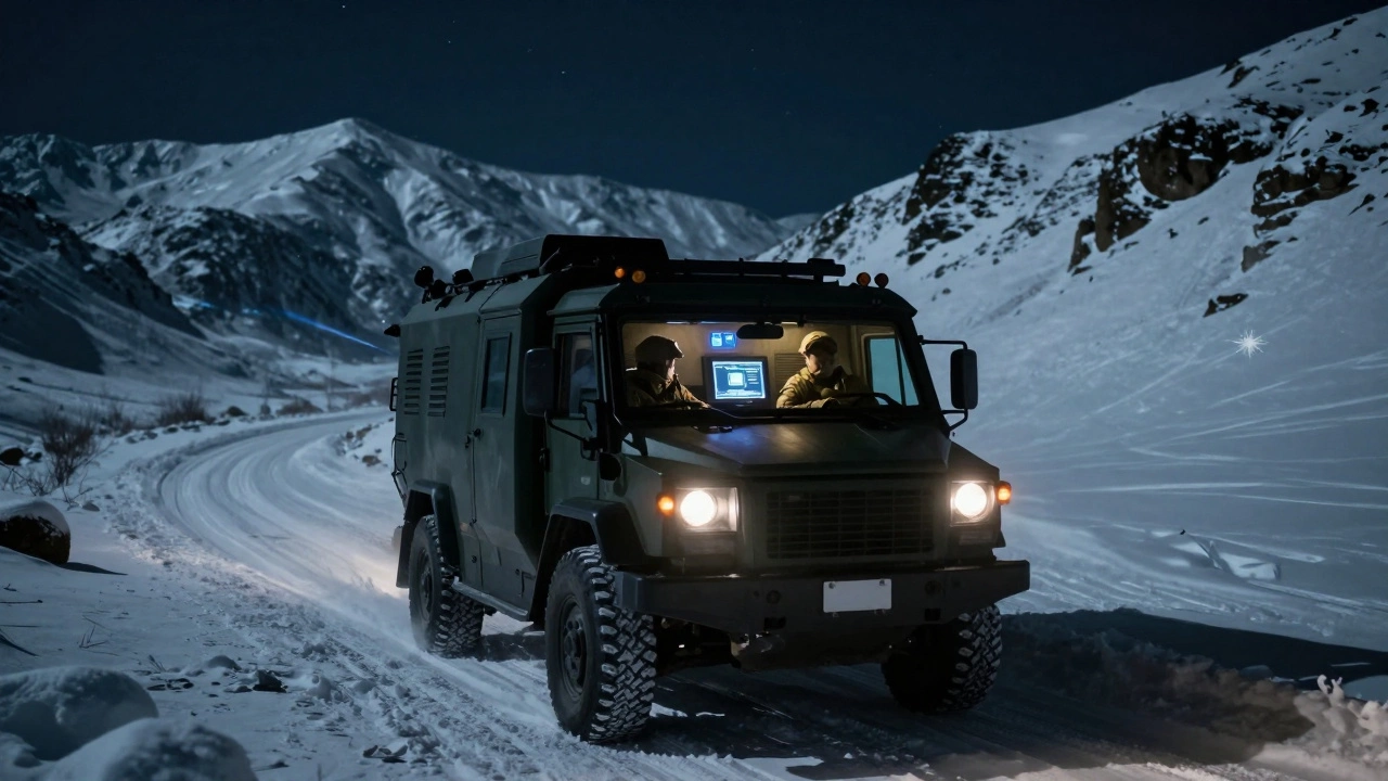 A covert military convoy moving silently through a snowy mountain pass at night.