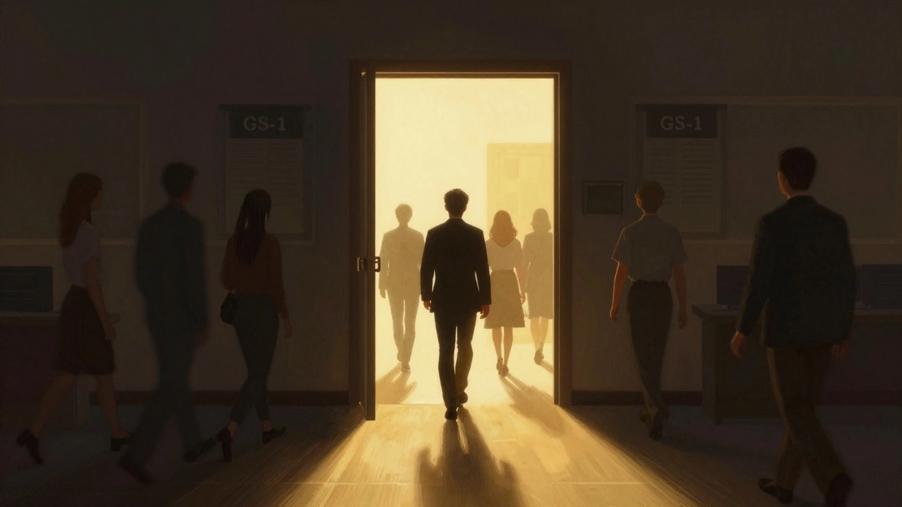 A golden doorway symbolizing career advancement from entry-level federal jobs.