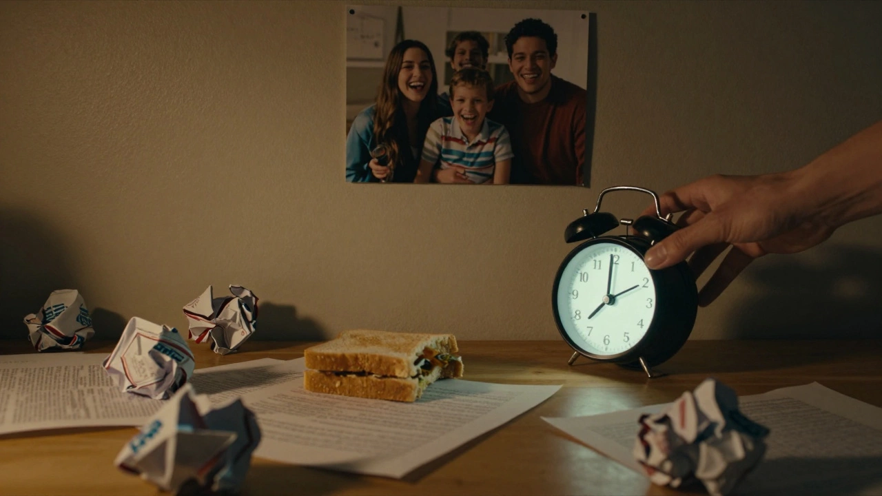 A hand turning off an alarm at 3 a.m. amid scattered papers, with a faded photo of happier times on the wall.