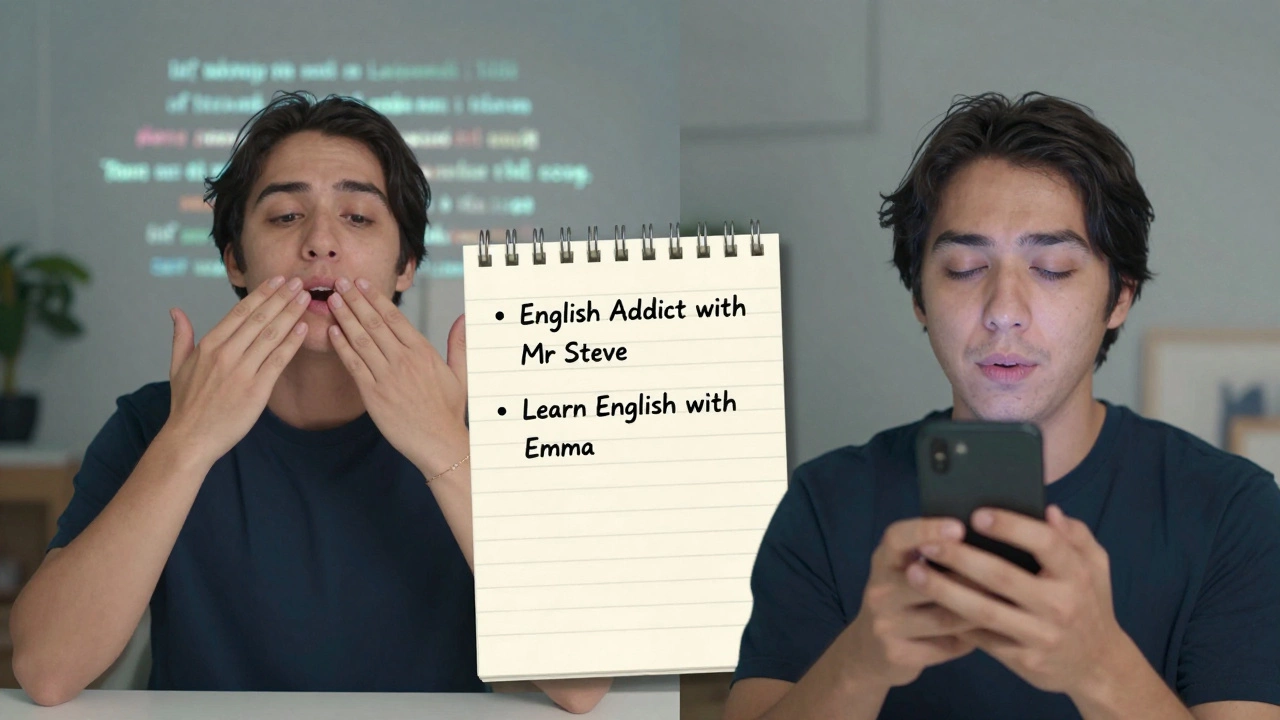 A person shadows a YouTube teacher’s speech while recording themselves on a phone.