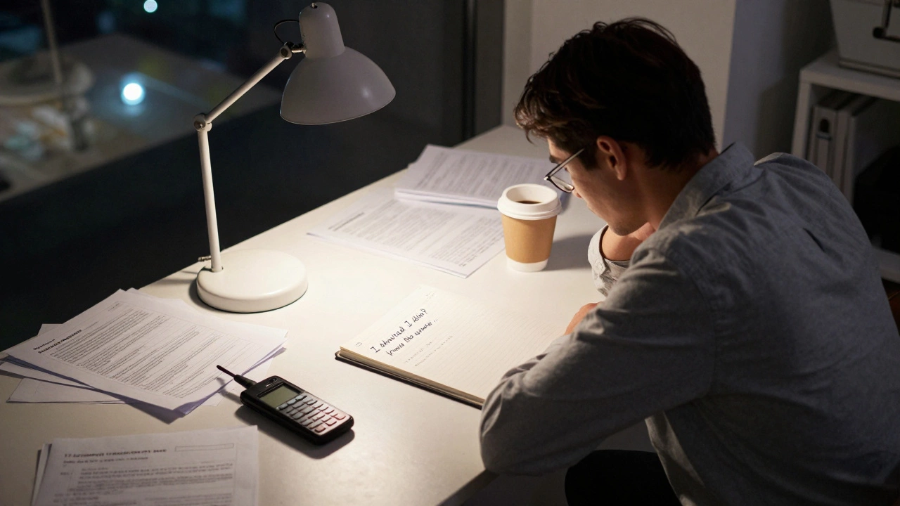 A teacher trainee at night, alone in a classroom, writing in a notebook under a desk lamp, lesson plans scattered around.