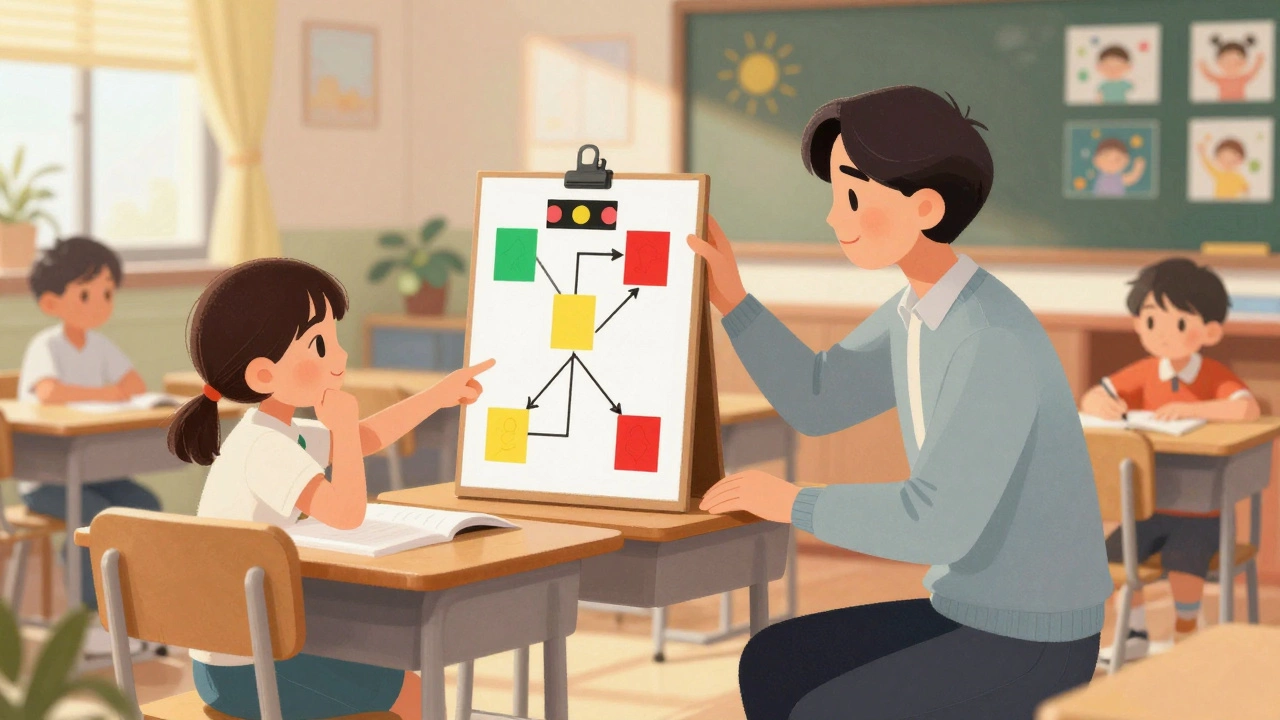 A teacher trainee kneeling beside a student at a desk with green-yellow-red behavior cards, smiling warmly.