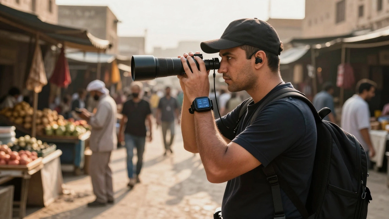 An undercover diplomat blending into a foreign market, observing discreetly through a camera lens.