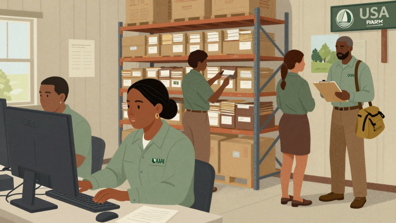 Diverse individuals performing entry-level federal duties in different settings.