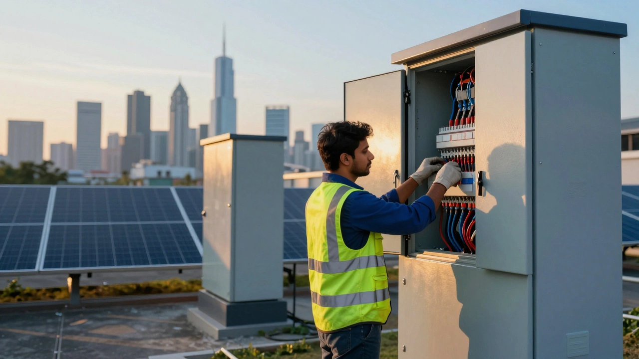 Electrician working on green energy electrical infrastructure at sunset.
