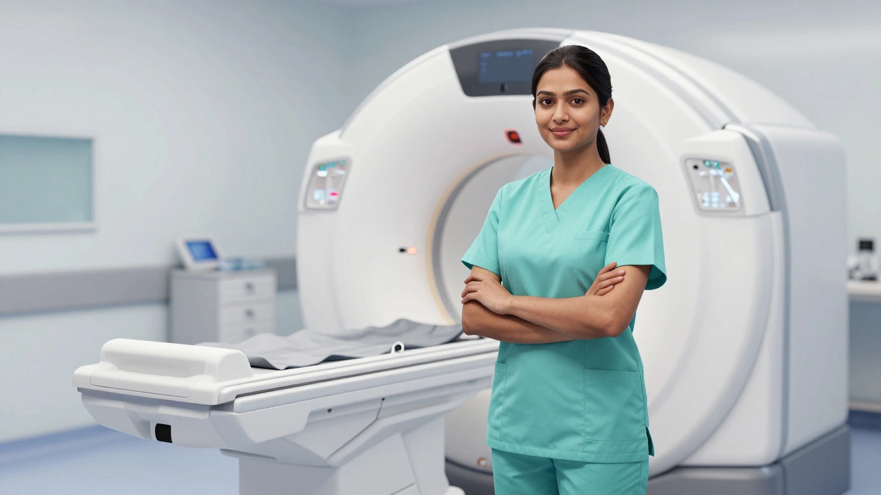 Radiologic technologist operating medical imaging equipment in a clinic.