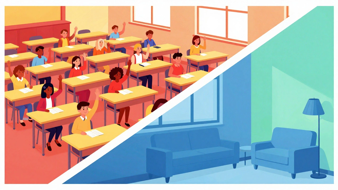 Split illustration comparing classroom and home study spaces