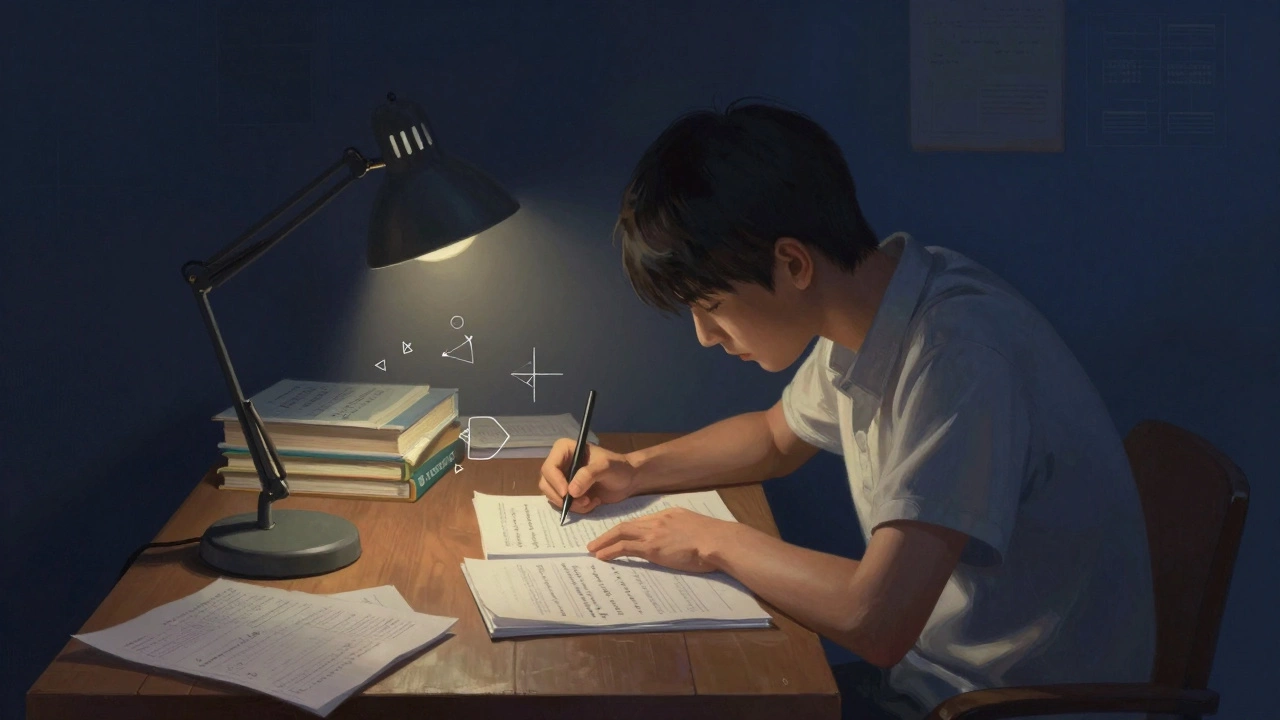 Student studying late at night under a lamp with piles of books.