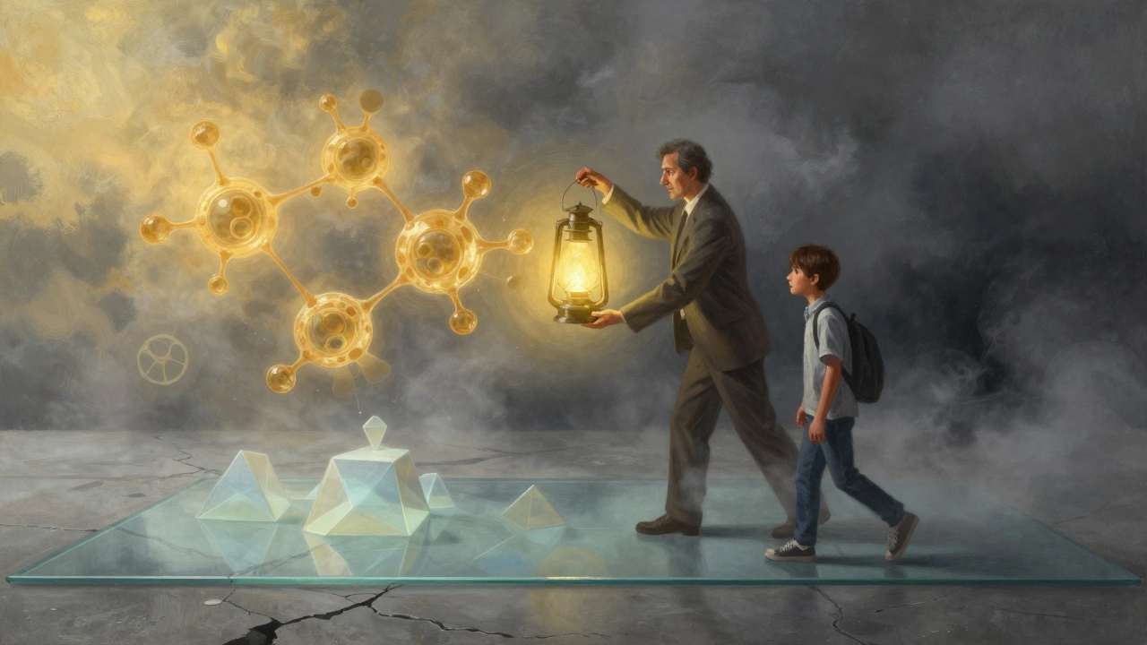 Teacher guiding student through fog with science light