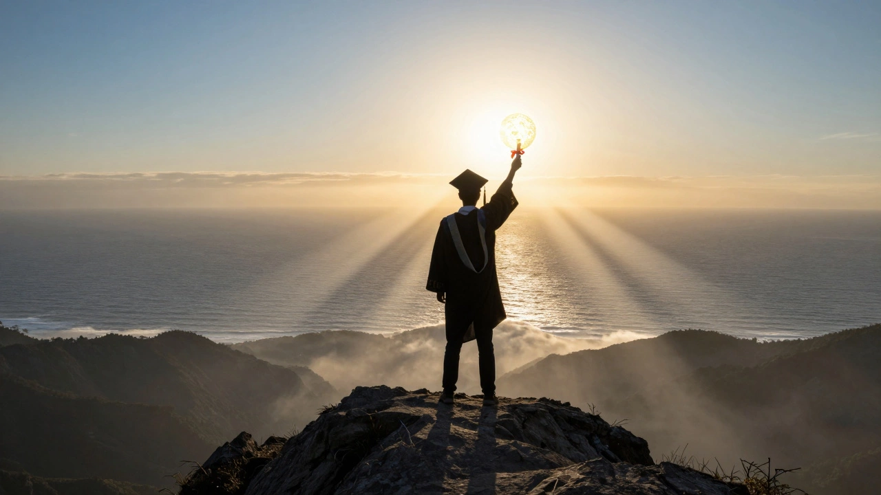 Teenager looking toward a bright horizon with symbolic skills.