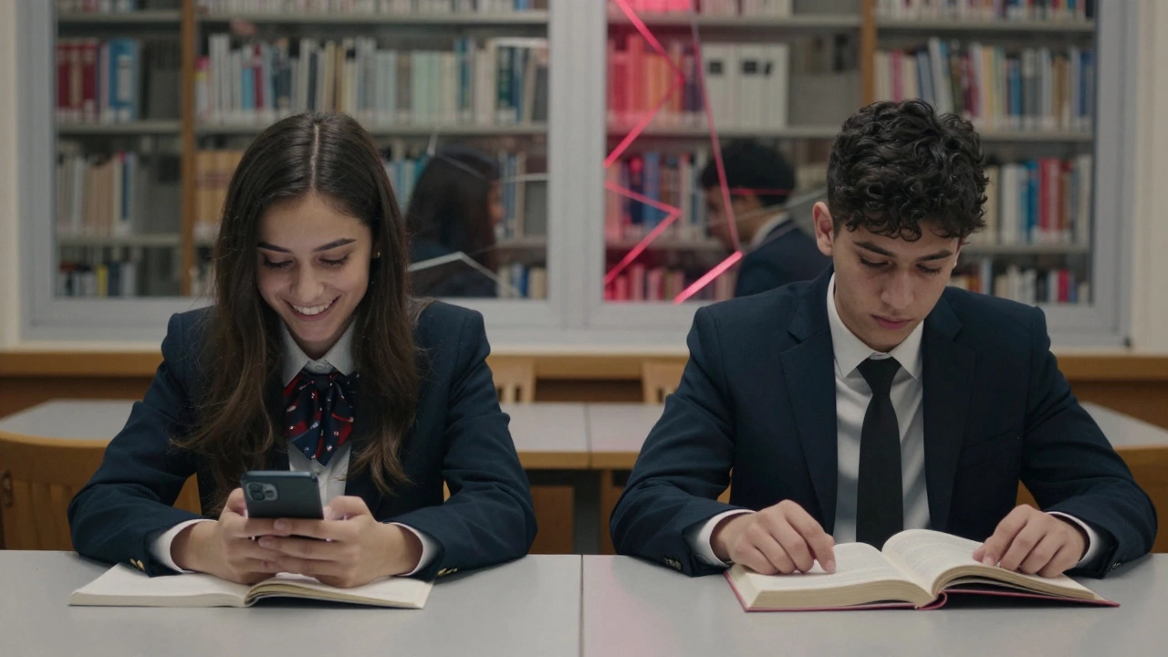 Two students at a library table, one celebrating a score while the other looks defeated, reflections showing inner turmoil.