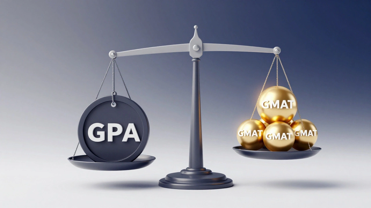 A conceptual balance scale weighing a low GPA against high test scores and achievements.