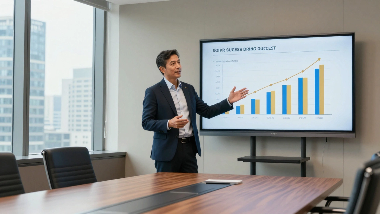 A confident executive leading a successful business presentation in a modern boardroom.