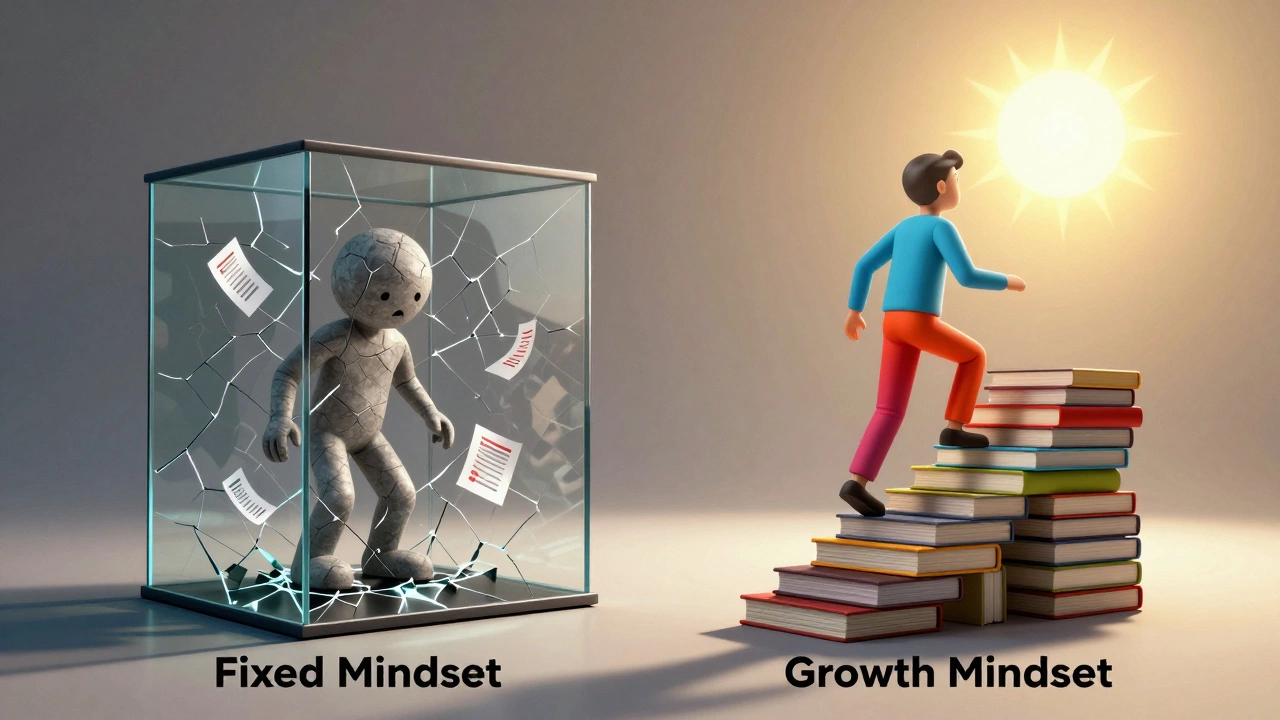 A contrast between a figure trapped in a glass box and another climbing a staircase of books.