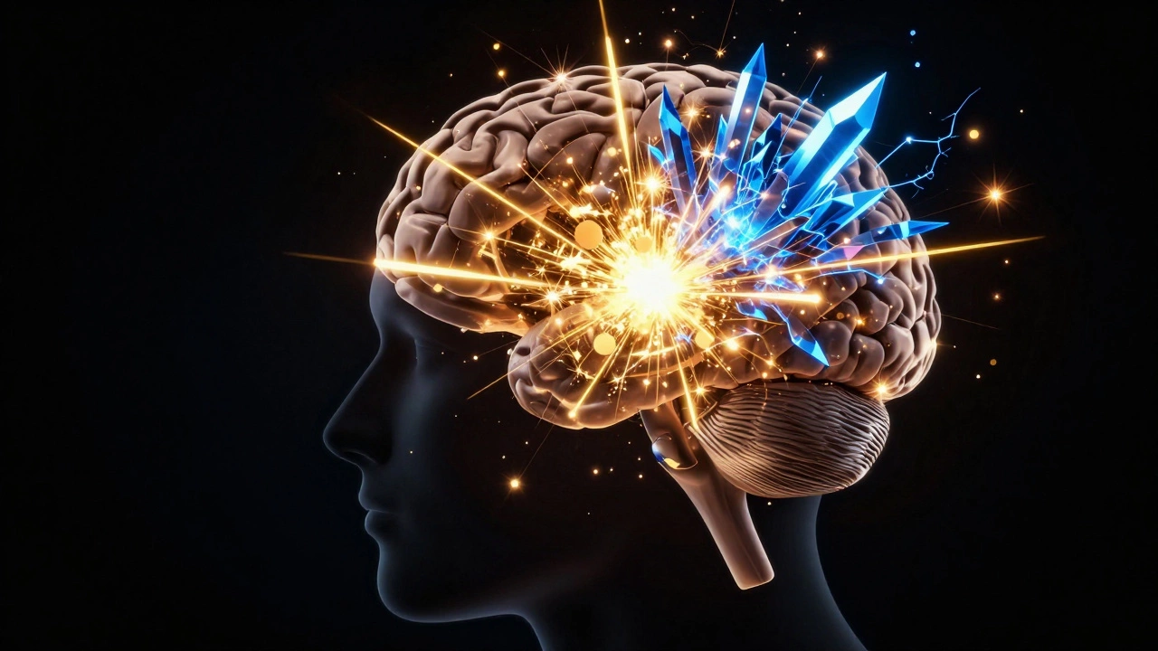 A stylized human profile with golden dopamine bursts and blue cortisol crystals in the brain.