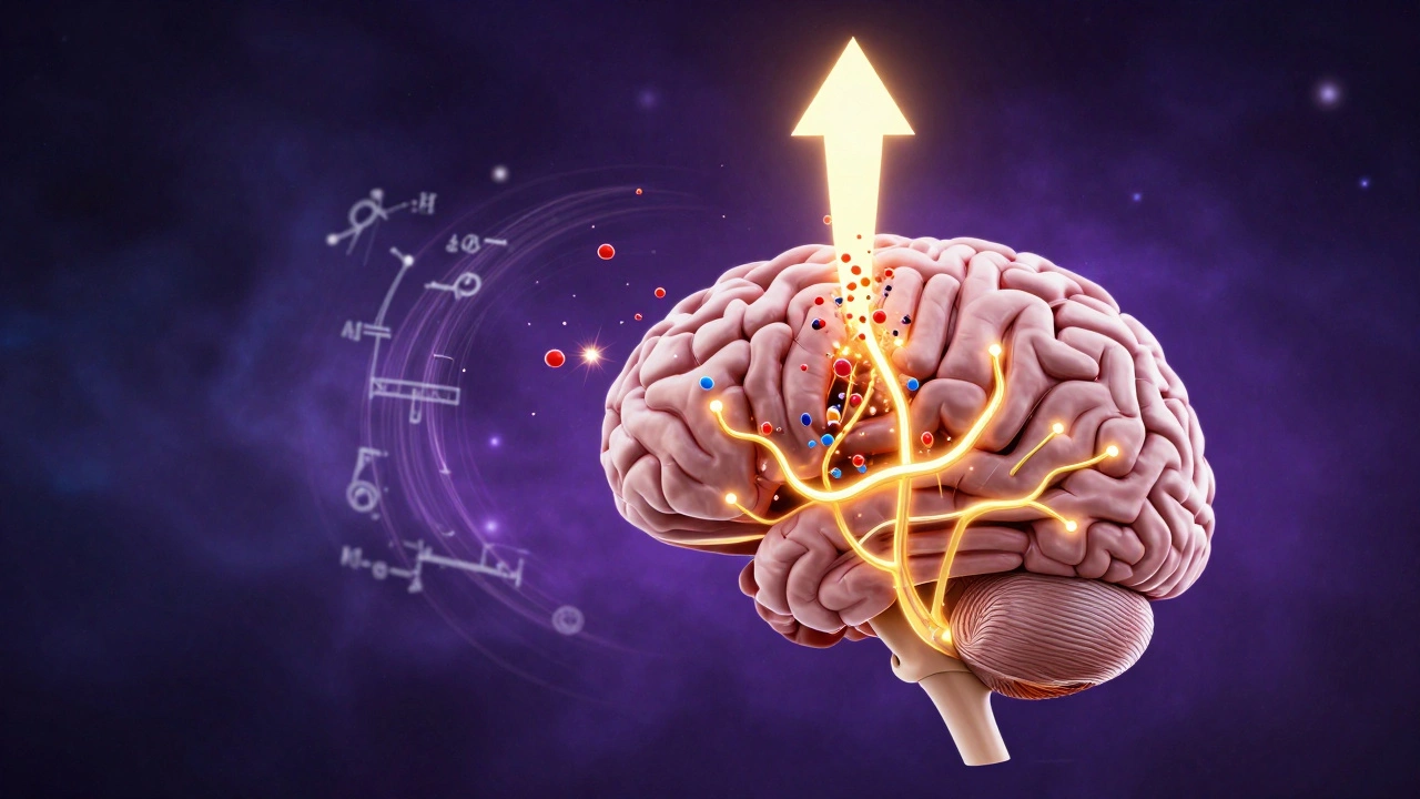 Conceptual art of a brain with glowing dopamine pathways and symbols of achievement.