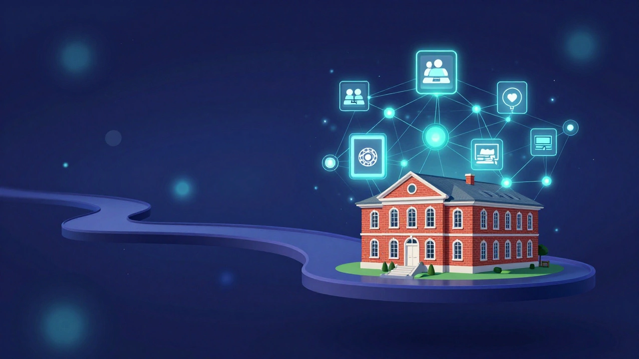 Conceptual art showing a teacher's journey from a physical school to digital learning