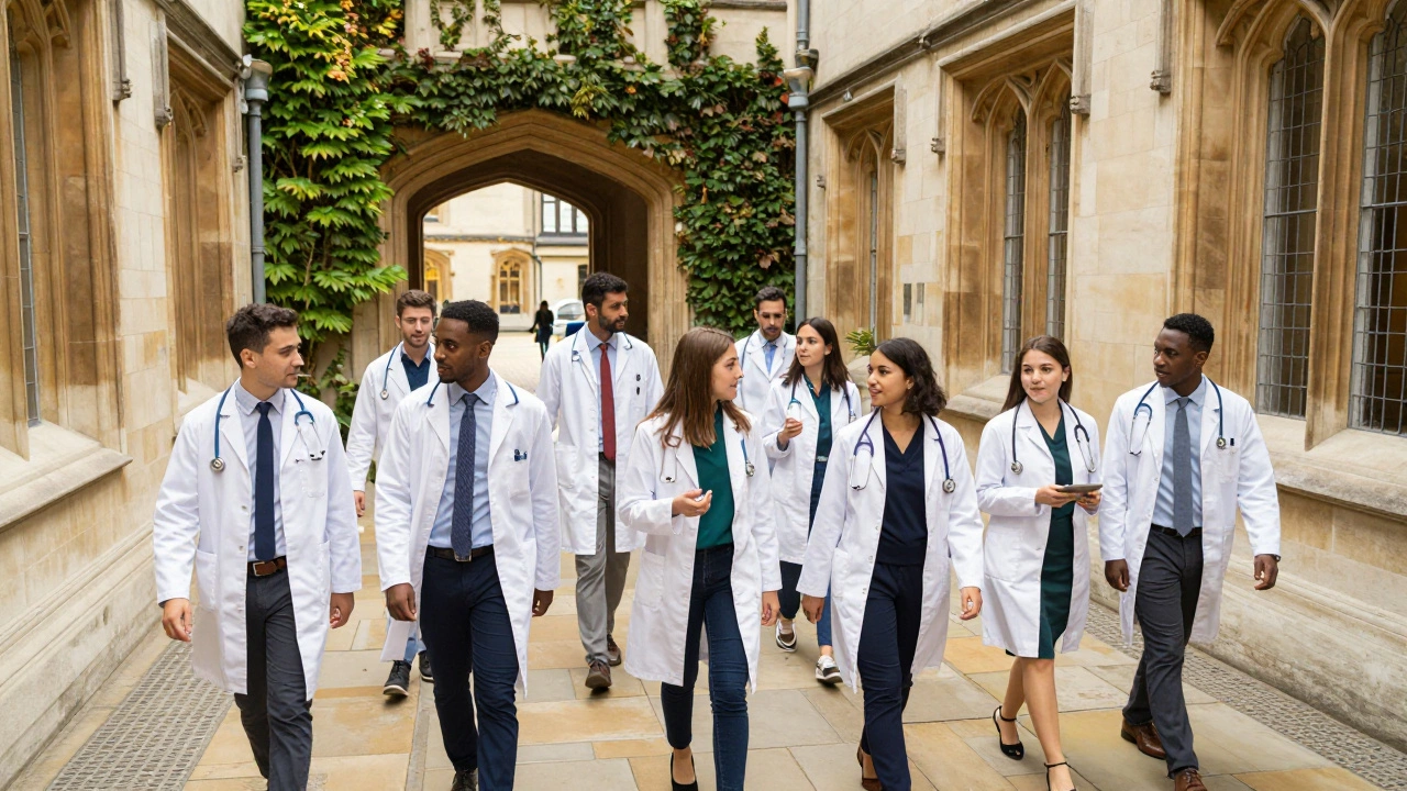 Medical students in white coats walking through a historic university hall