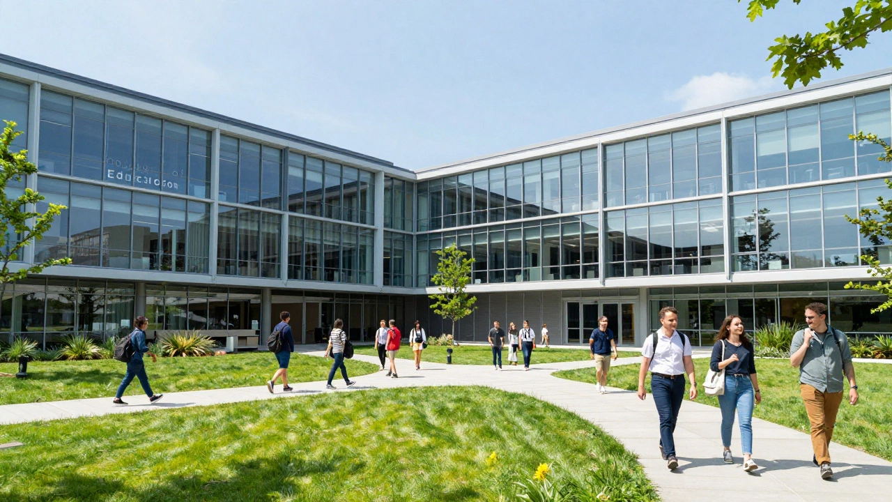 Modern university College of Education campus with students in a sunny courtyard