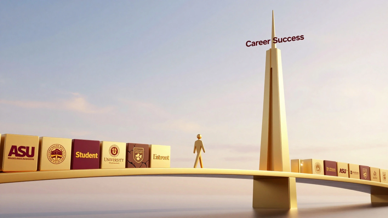 Abstract 3D render of a golden bridge connecting education to career success, highlighting accreditation.