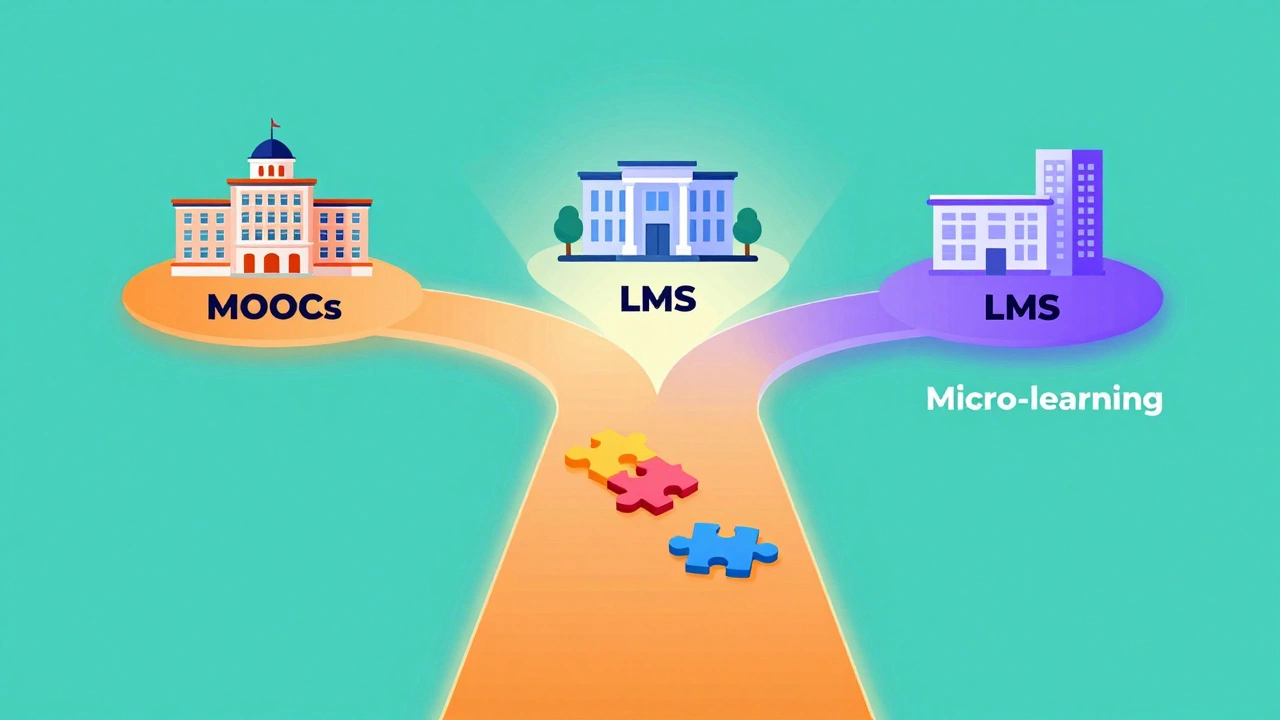 Abstract illustration of three eLearning platform types converging