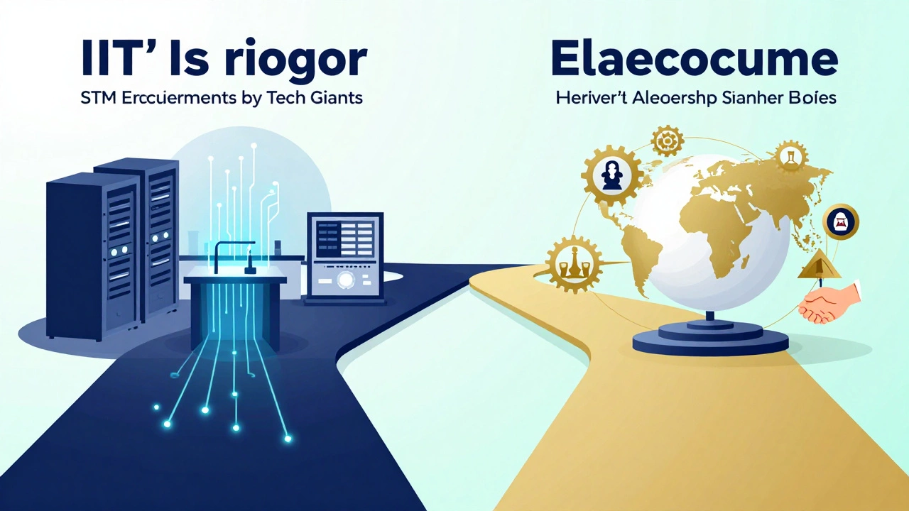 Abstract paths showing IIT tech focus vs Harvard global leadership networks