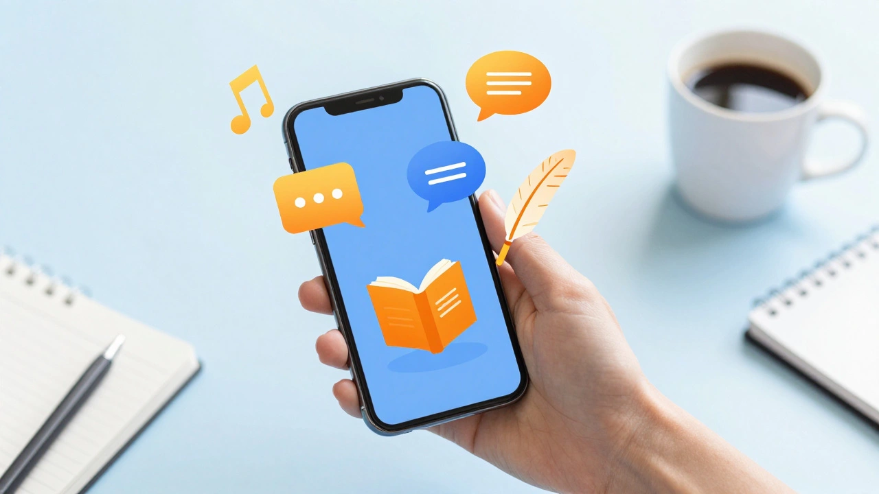 Abstract visualization of language learning skills floating from a phone