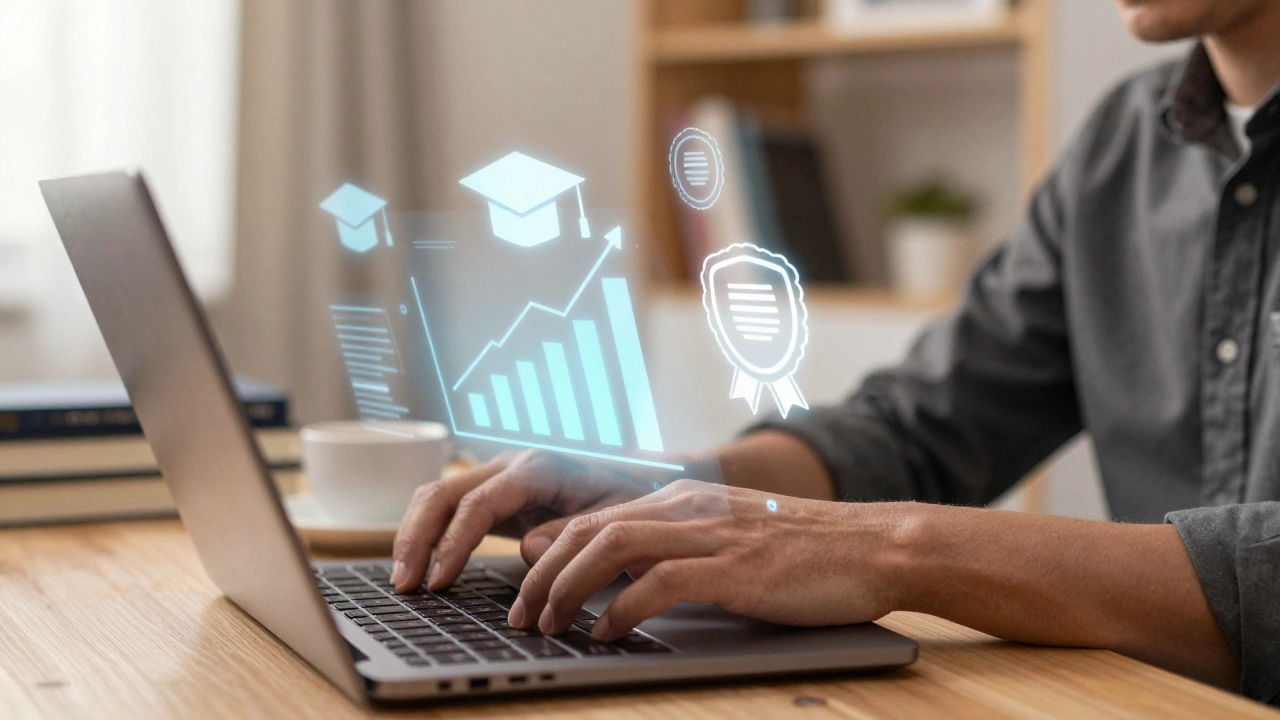 Adult student working on laptop in home office with holographic educational data overlays.