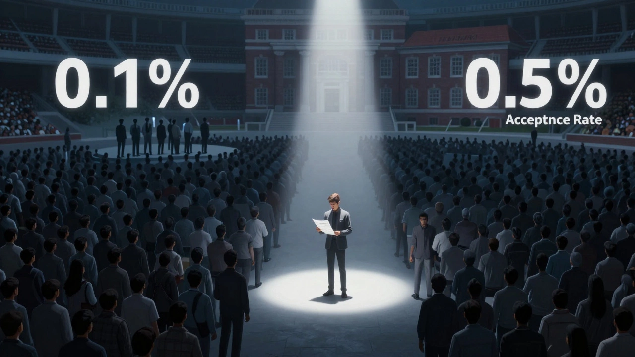 Crowded stadium symbolizing low IIT acceptance rate vs small Harvard group