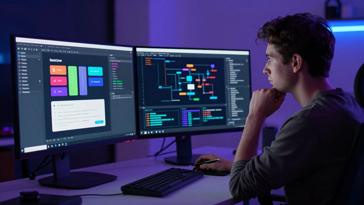 Developer analyzing frontend UI and backend architecture on monitors