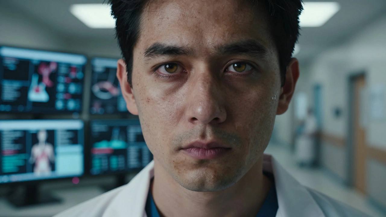 Exhausted doctor reflecting medical data in their eyes