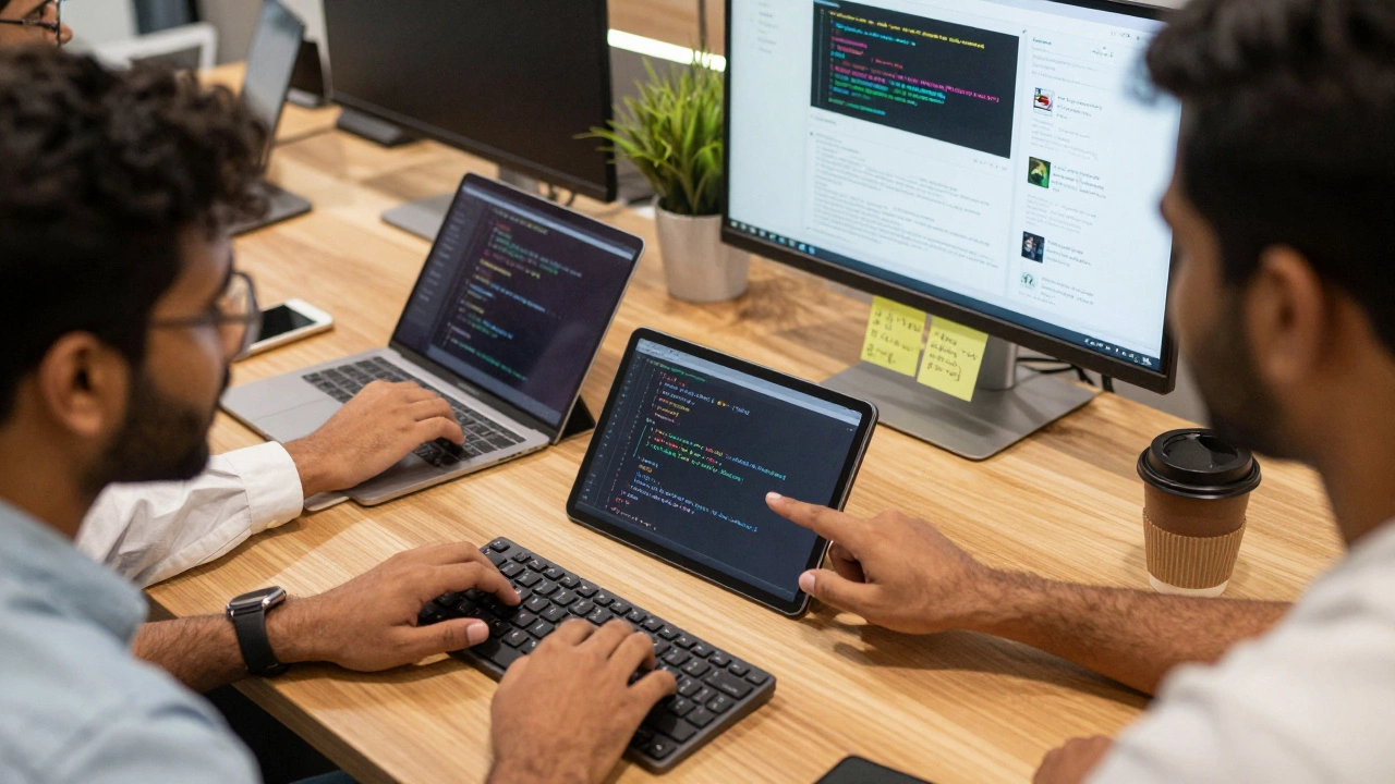 Group of Indian learners collaborating on tech projects at a modern desk