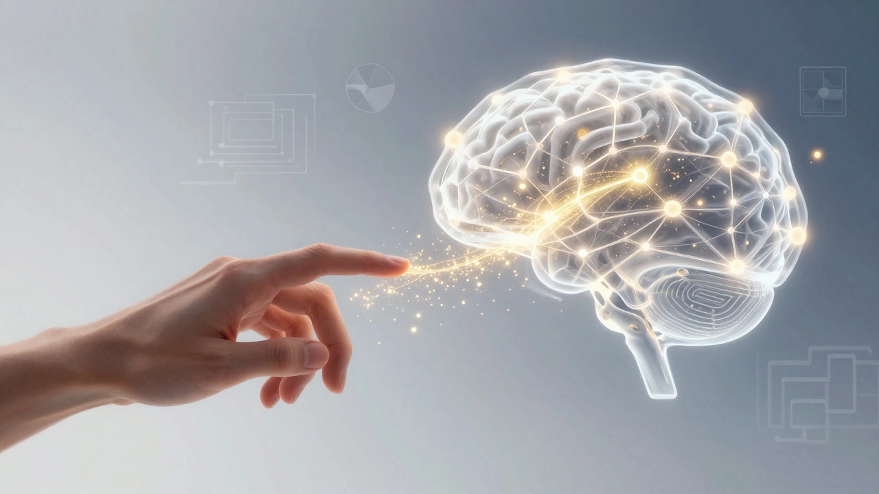 Human hand guiding AI data streams in futuristic tech concept