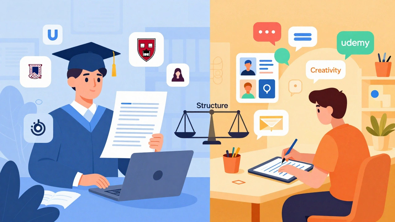 Split illustration contrasting academic structure with creative learning styles