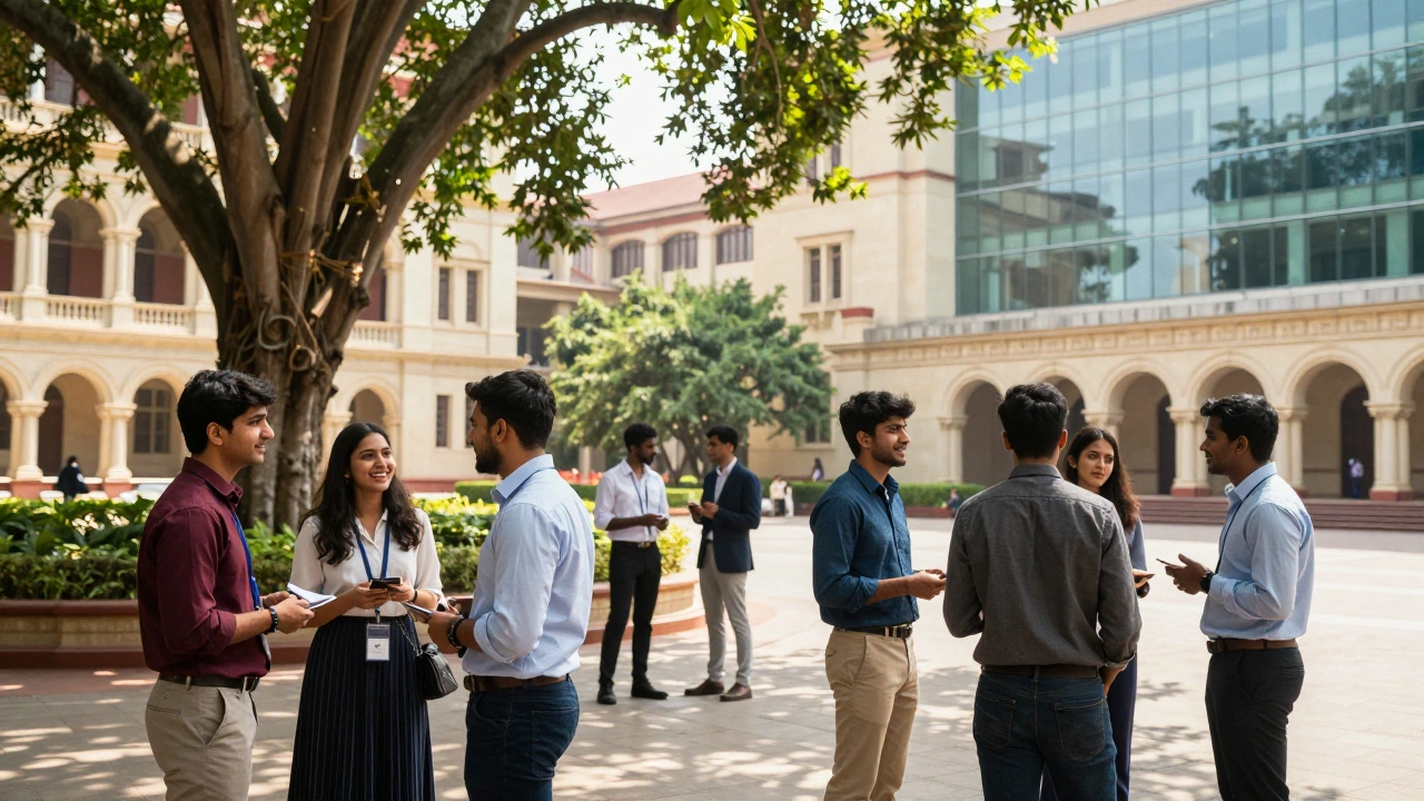 Students networking in a prestigious Indian business school courtyard