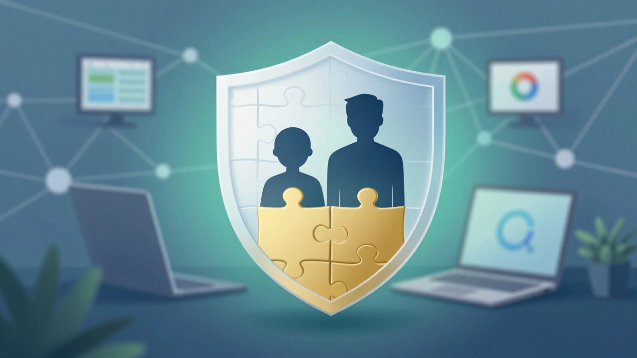Abstract shield protecting students and teachers, symbolizing data privacy.