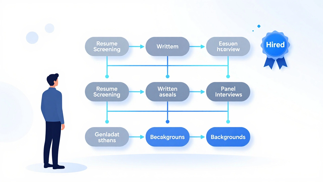 Conceptual graphic showing the steps of the government hiring process.