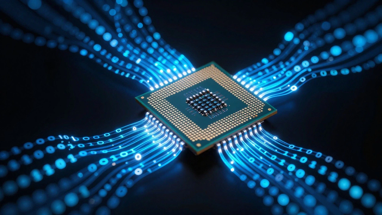Glowing CPU chip with floating binary code streams in neon light