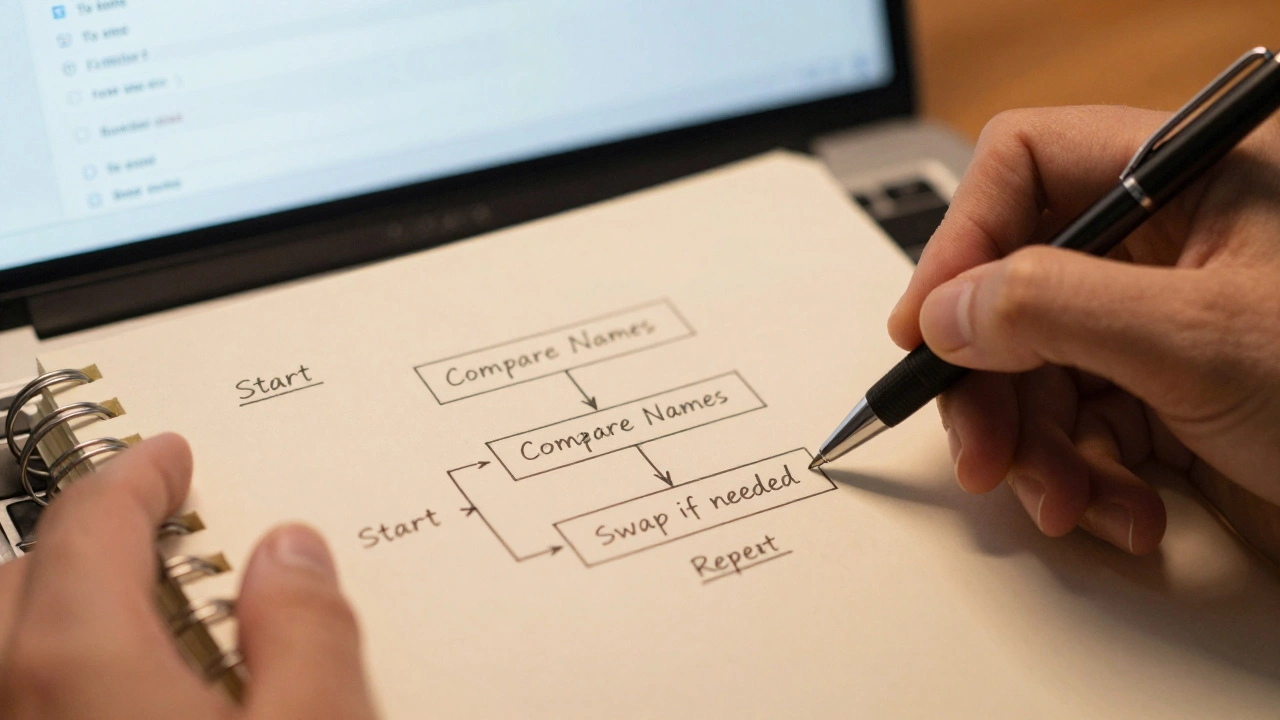 Hands drawing a logical flowchart for sorting names, emphasizing step-by-step thinking.