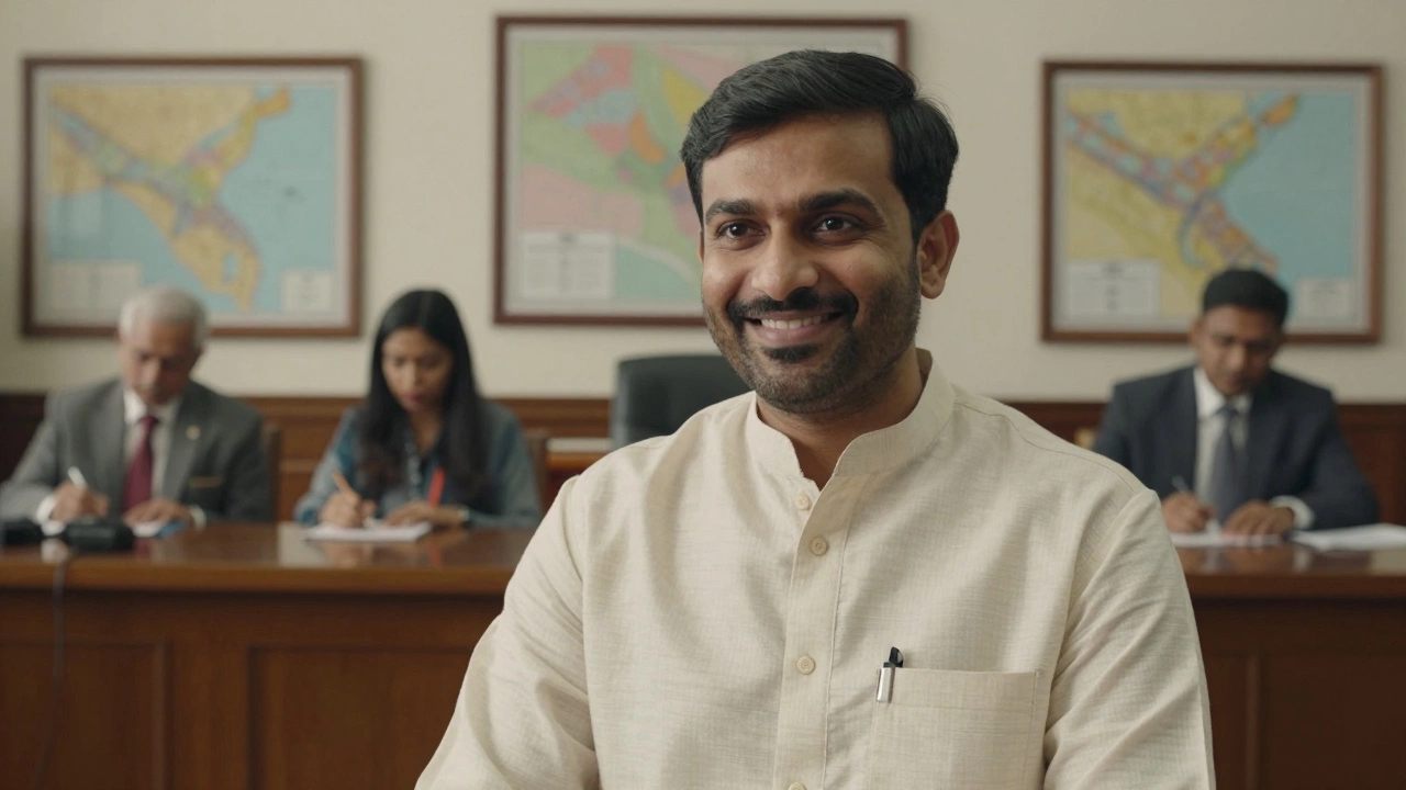 Indian candidate attending a formal panel interview for a government job.