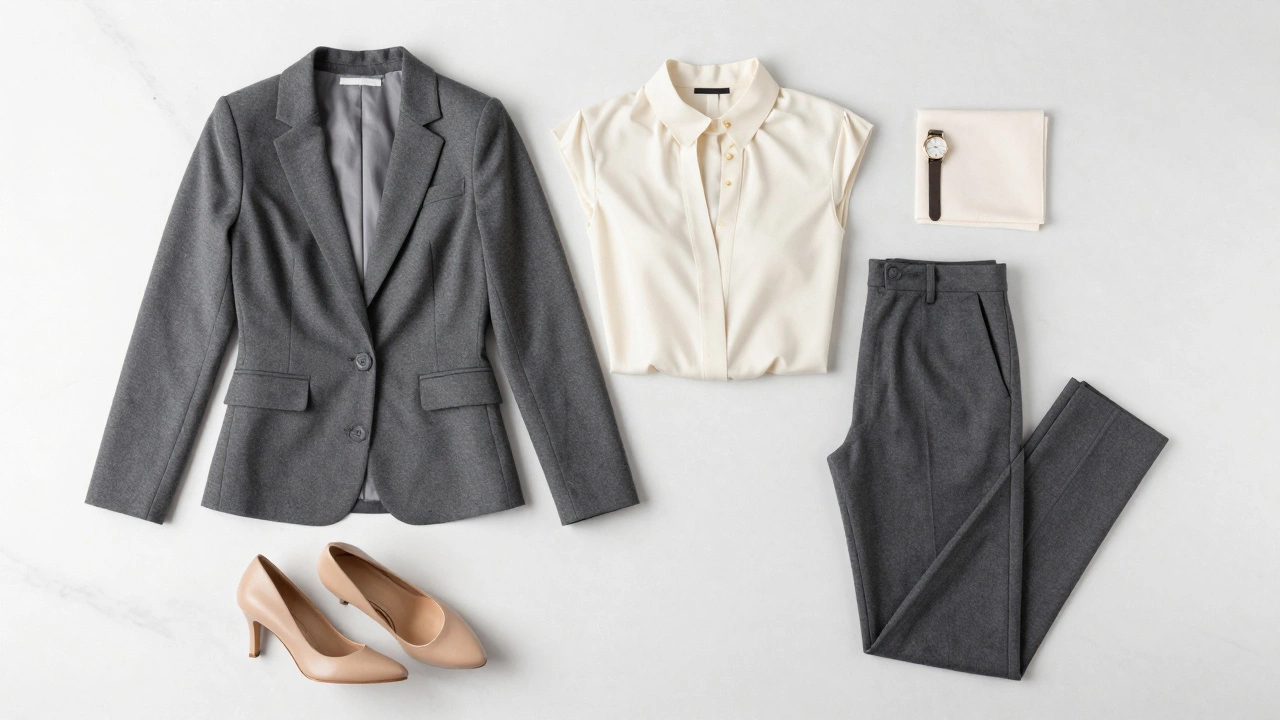 Neatly arranged charcoal pantsuit and accessories on marble