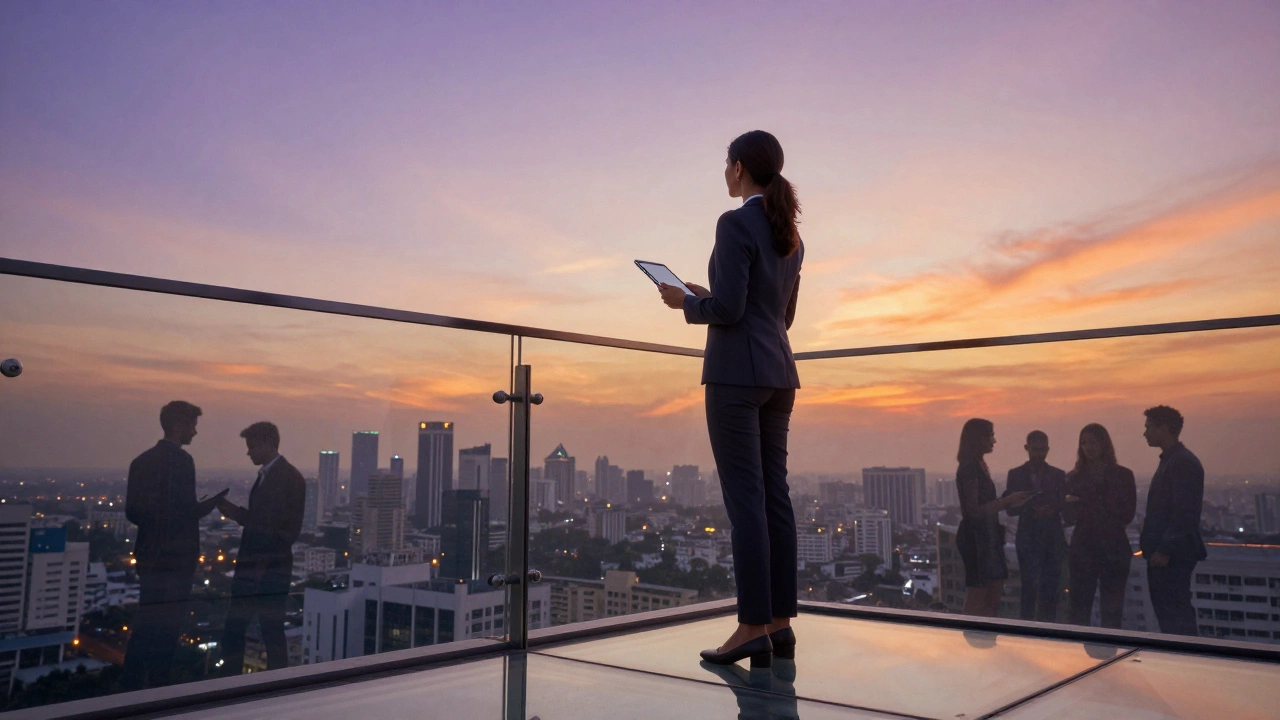 Professional overlooking Mumbai skyline, symbolizing career growth and leadership.