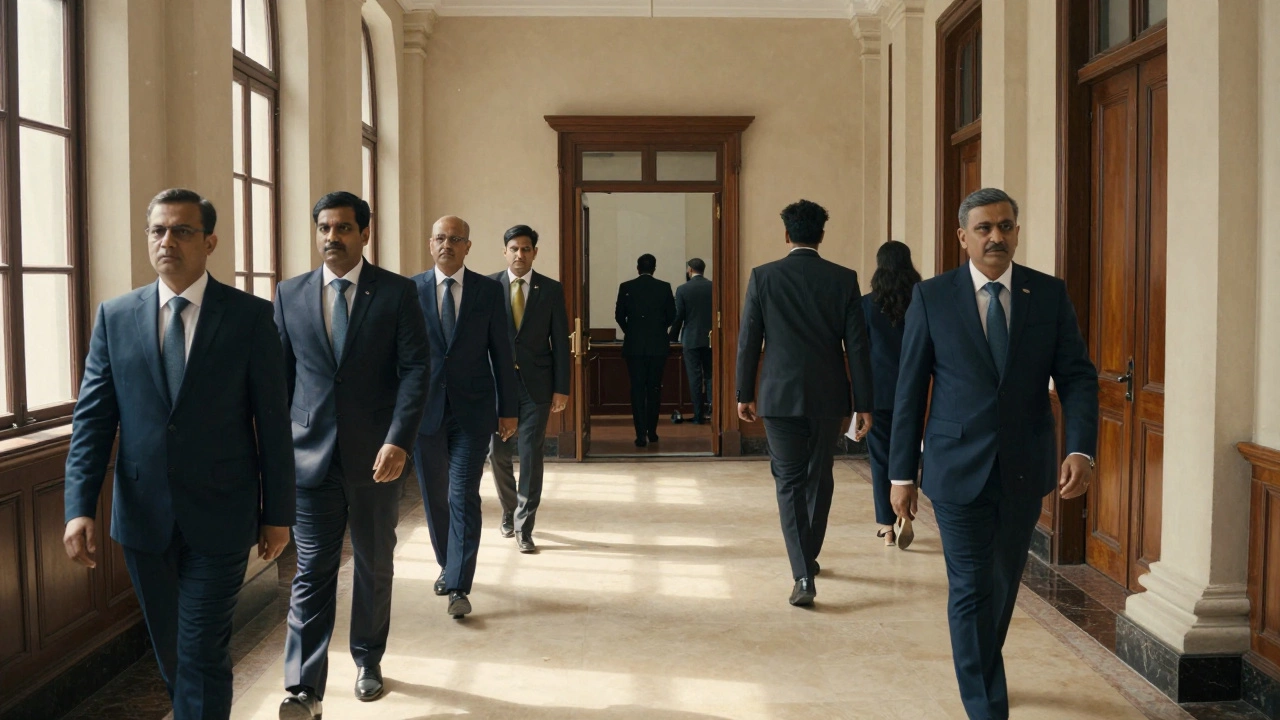 Professionals walking in formal government office hallway