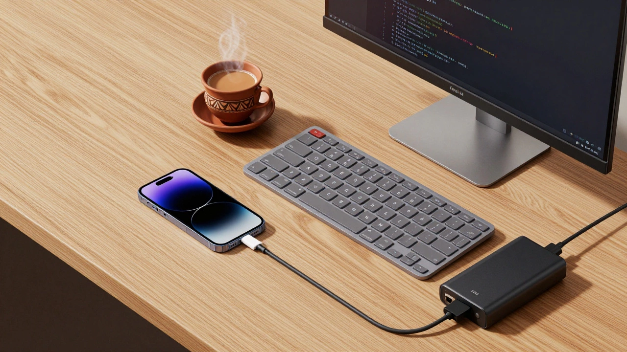 Smartphone with keyboard and monitor for coding on desk