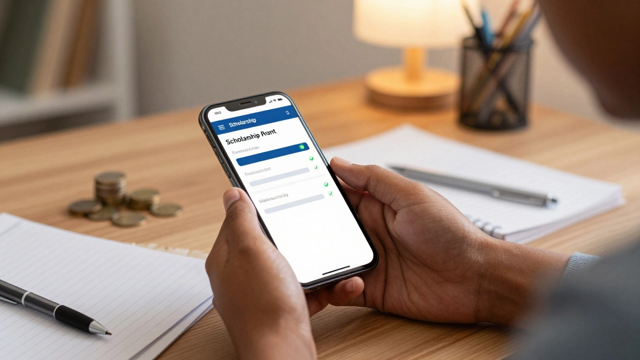 Student preparing for scholarships with study notes and phone app