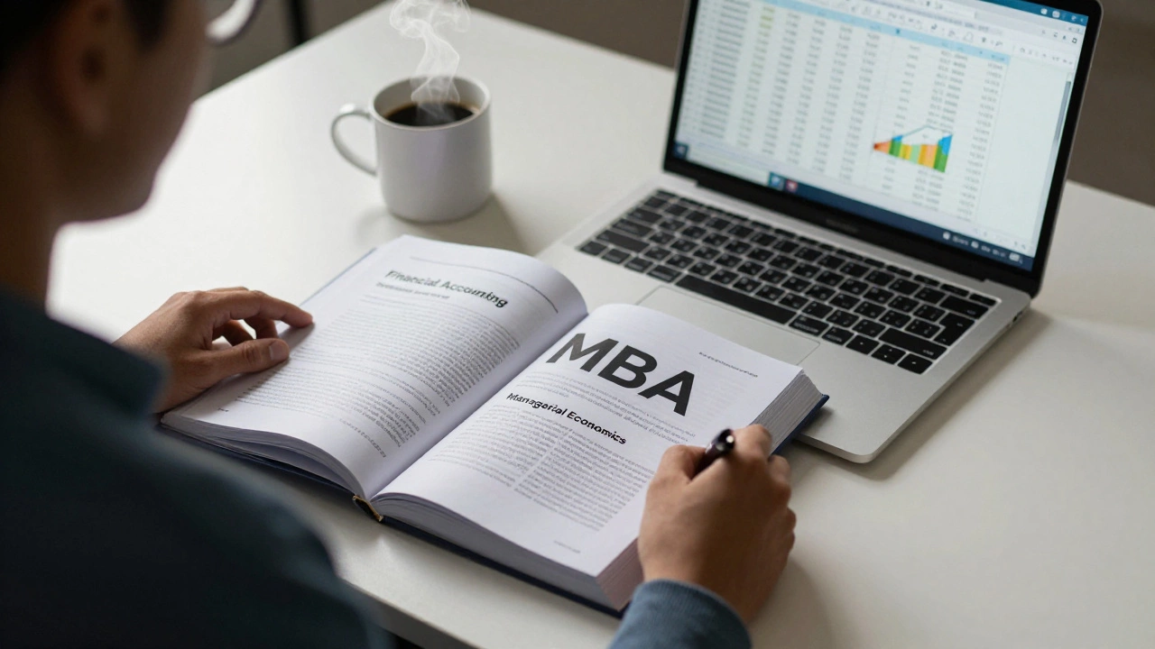 Student studying financial accounting and economics textbooks on a desk.