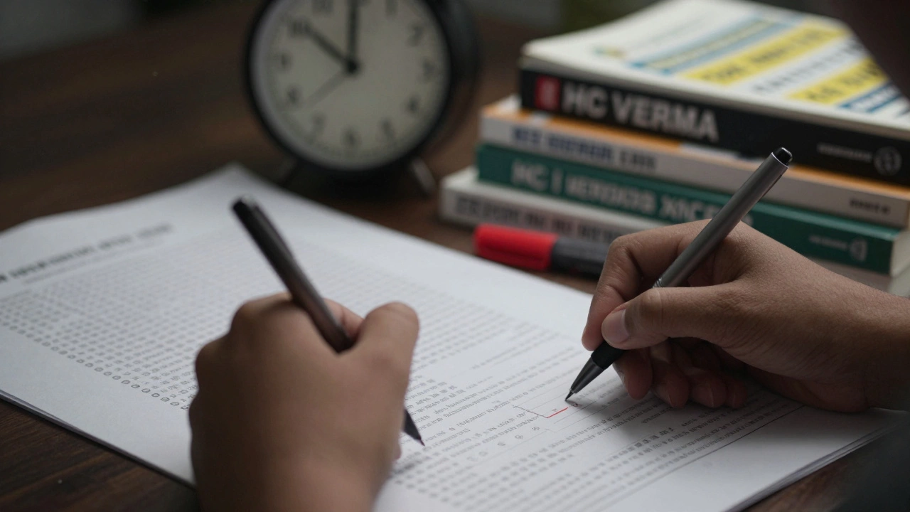 Student taking a mock test with textbooks and clock in background