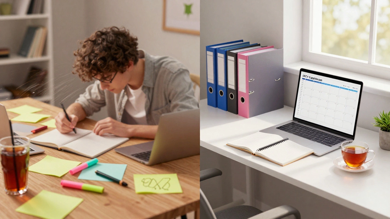 Contrast between chaotic and organized study desks