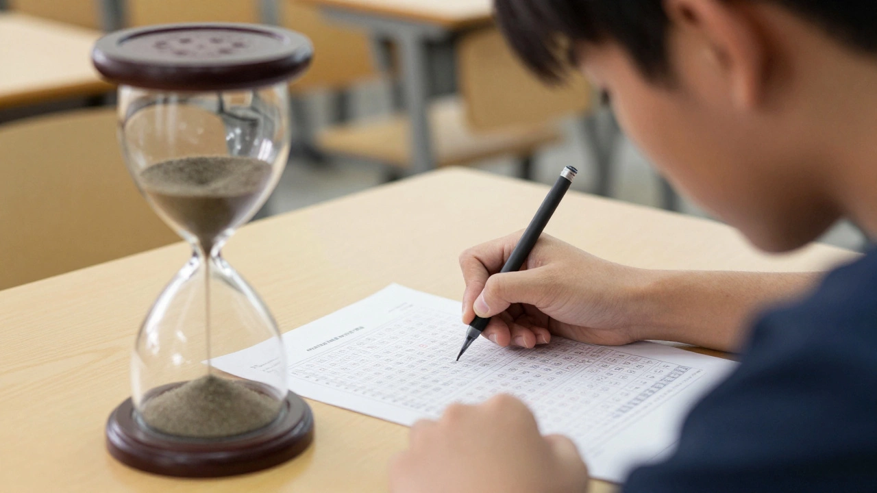 Focused student solving timed mock test under pressure with hourglass overlay